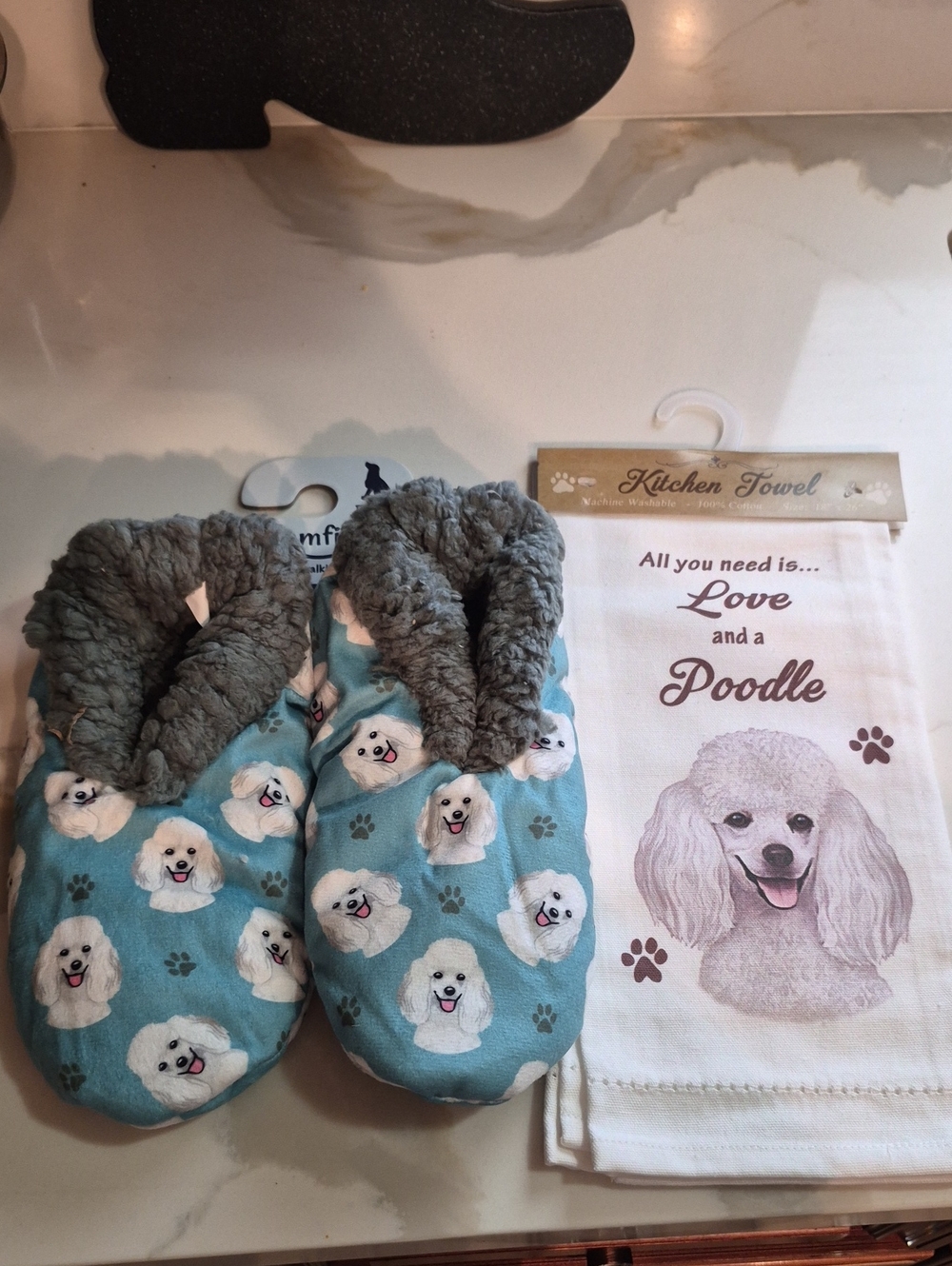 Poodle Print Slippers and Kitchen Towel Set